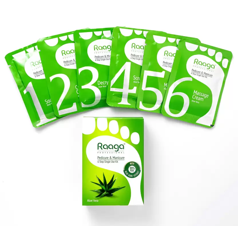 RAAGA PROFESSIONAL Manicure & Pedicure | Aloe Vera | 6 Step Single Use Kit | 6 Sachets, 63 g  (63 g, Set of 1)