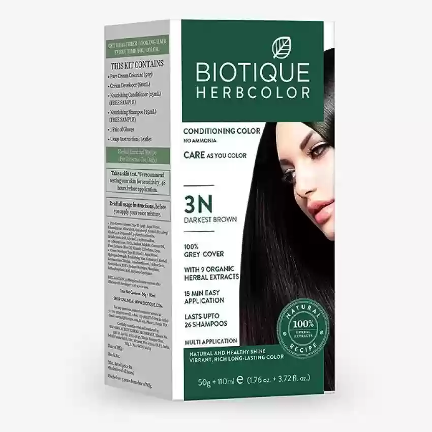 Biotique Herbcolor Conditioning Hair Colour l Ammonia Free Hair Color l 9 Organic Herbal Extracts l Natural and Healthy Shine l 50g + 110ml| Brown 4N (Pack of 1) - 3N Darkest Brown