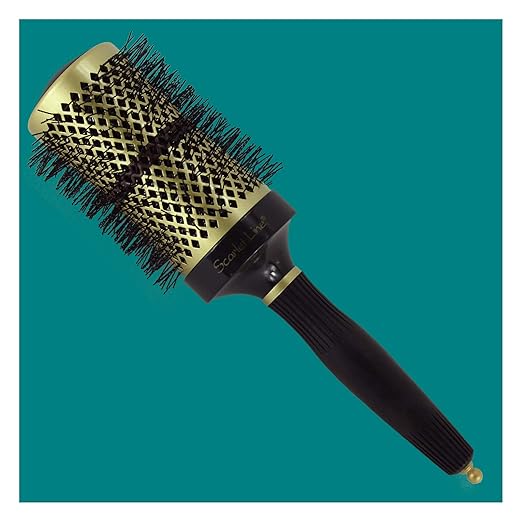 Scarlet Line Professional Extra Large Ceramic Barrel Heat Reminder Hot Curling Round Hair Brush For Men And Women, Black and Golden Color, 58 mm