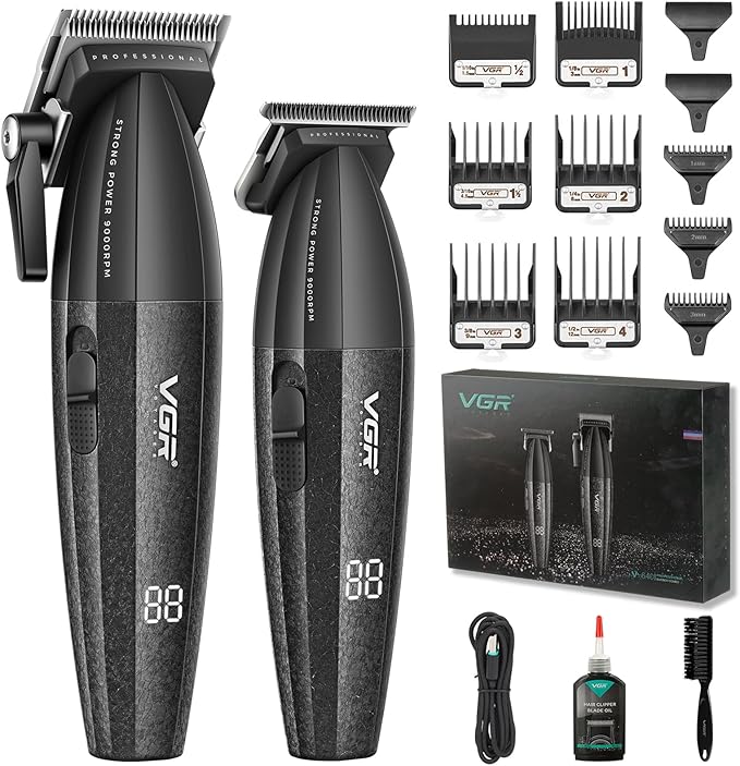 VGR 640 Professional Hair Clippers for Men, Cordless Barber Clippers and Trimmers Set, Zero Gap T-Blade Hair Cutting Kit, DLC Coated Ceramic Blade Premium Gift Barber Kit with LED Display(Black)