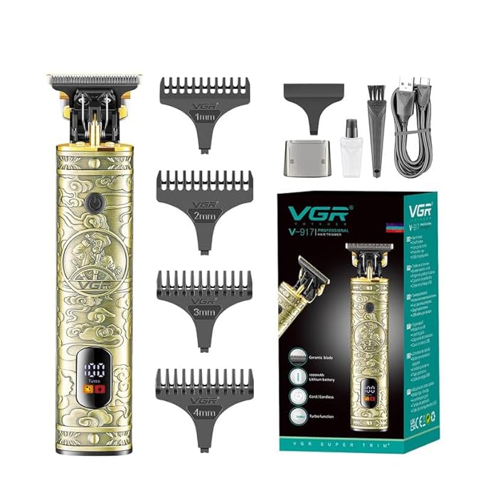 VGR V-917 Digital Display Professional with Turbo function Pro Li Outliner Rechargeable Electric Cordless Hair Clipper Grooming Kits T-Blade Close Cutting 0mm Bald Head Clipper for Men 200 min Runtime
