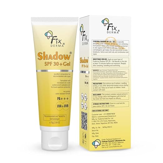 FIXDERMA Shadow Sunscreen Spf 30+ Pa+++ Gel Broad Spectrum Sunscreen For Uva & Uvb Protection For All Skin Type| Sunscreen For Women & Men 75Gm