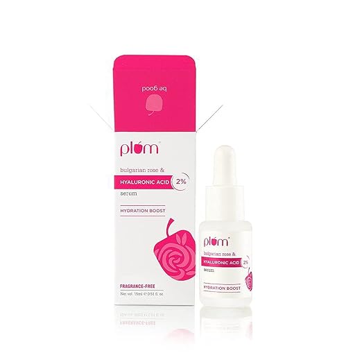 Plum 2% Hyaluronic Acid Serum with Bulgarian Rose (15 ml) | Instant Hydration for Plump & Bouncy Skin | Daily Use Face Serum| For All Skin Types | Fragrance-Free