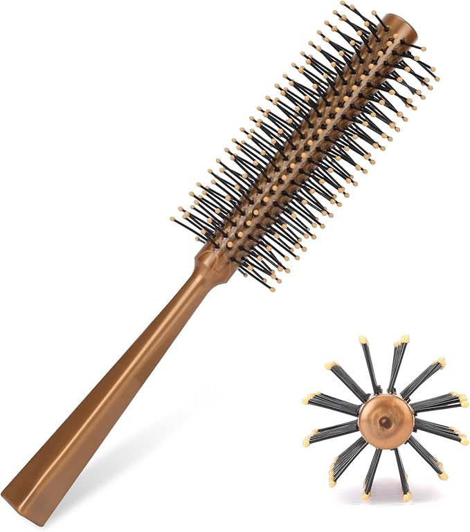 Scarlet Small Round Brush for Blow Drying, Small Roller Brush with Ball-Tipped Mini Round Hair Brush with Handle Nylon Bristles Round Hair Styling Brush for Short Hair Blow Drying Bangs and Men's Beards (Gold)