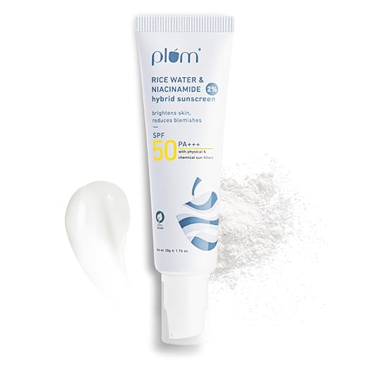 Plum 2% Niacinamide Sunscreen SPF 50 PA+++ With Rice Water | UVA/ UVB Protection | Reduces Tan, Brightens Skin | No White Cast, Lightweight, Non-Sticky | Dermatologically Tested | All Skin Types | Women & Men | 100% Vegan | 50 g