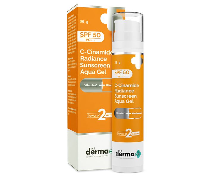 The Derma Co C-Cinamide Sunscreen For All Skin Types Spf 50 Aqua Gel, With Vitamin C & Niacinamide, Pa++++, Lightweight, No White Cast For Sun Protection & Glowing Skin - 50Gm