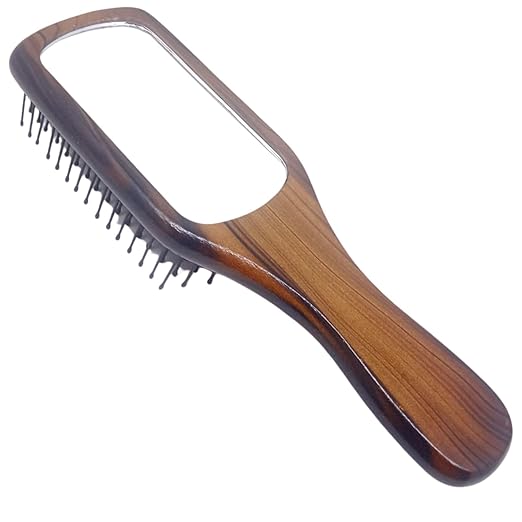 Scarlet Line Mirror Ebony Small Maple Wood Anti Static Paddle Hair Brush with Matte Finish Wooden Handle n Back Side Mirror for Men n Women_Brown