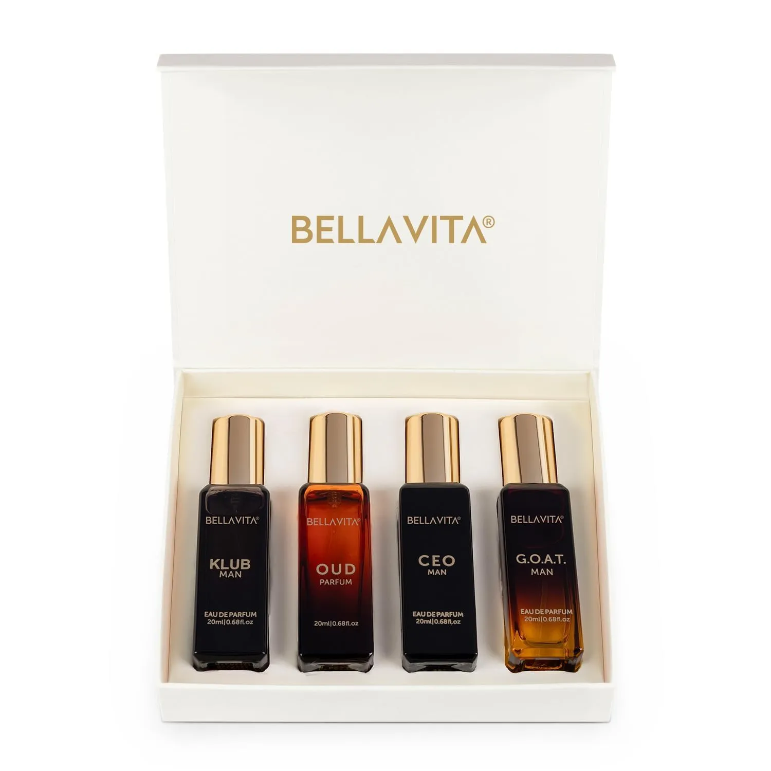 Bella Vita Luxury Long Lasting Men Perfume Gift Set | Perfume for Man | Gift for Man | 4x20ml | Woody, Citrusy, Oud Premium Fragrance | KLUB, OUD, CEO, G.O.A.T